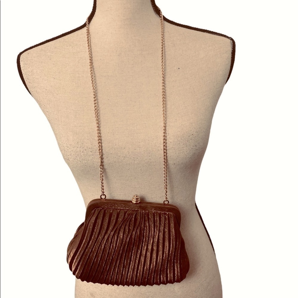 Vintage Small Pleated Brown Satin Clutch Bag by Sasha with a gold chain strap.